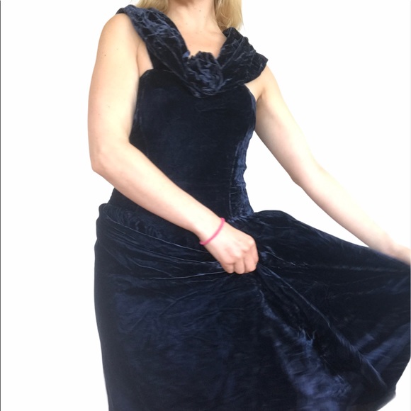 Vintage Crushed Blue Velvet Maxi Dress Gown XS - Picture 10 of 12